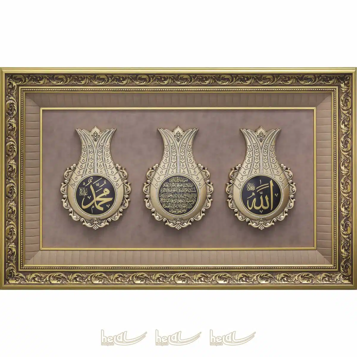 61x97cm Büyük Üçlü Lale Allah cc-Muhammed sav Lafzı ve Ayetel Kürsi Lüks Çerçeve Tablo Ayetli Laleler