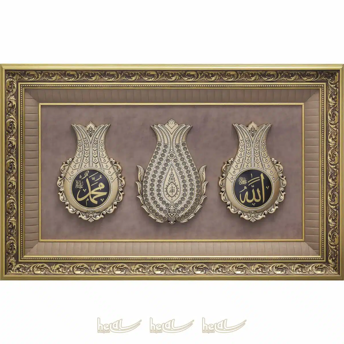 61x97cm Büyük Üçlü Lale Allah cc-Muhammed sav Lafzı ve Esmaül Hüsna Lüks Çerçeve Tablo Ayetli Laleler