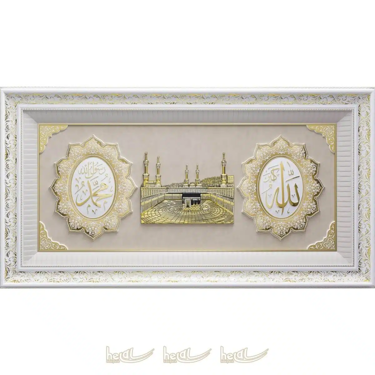 80x150cm Dev Boyda Kabe-i Şerif Allah cc. Muhammed sav. Taşlı Lüks Camlı Çerçeveli Tablo Kabe