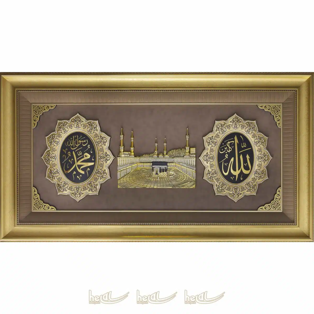 80x150cm Dev Boyda Kabe-i Şerif Allah cc. Muhammed sav. Taşlı Lüks Camlı Çerçeveli Tablo Kabe
