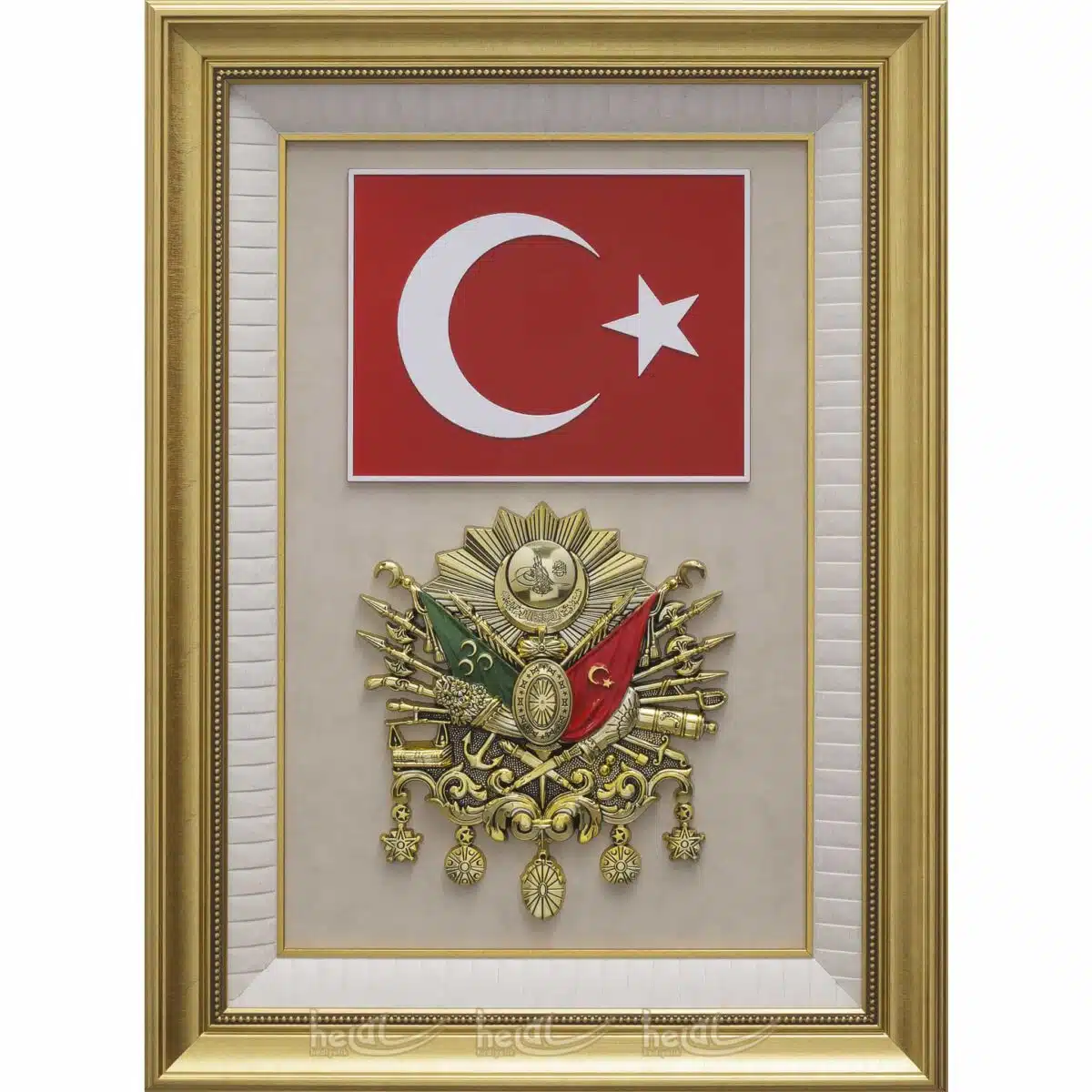 71x94cm Büyük Osmanlı Arması Tuğrası – Türk Bayrağı Çerçeveli Lüks Tablo Osmanlı Tabloları