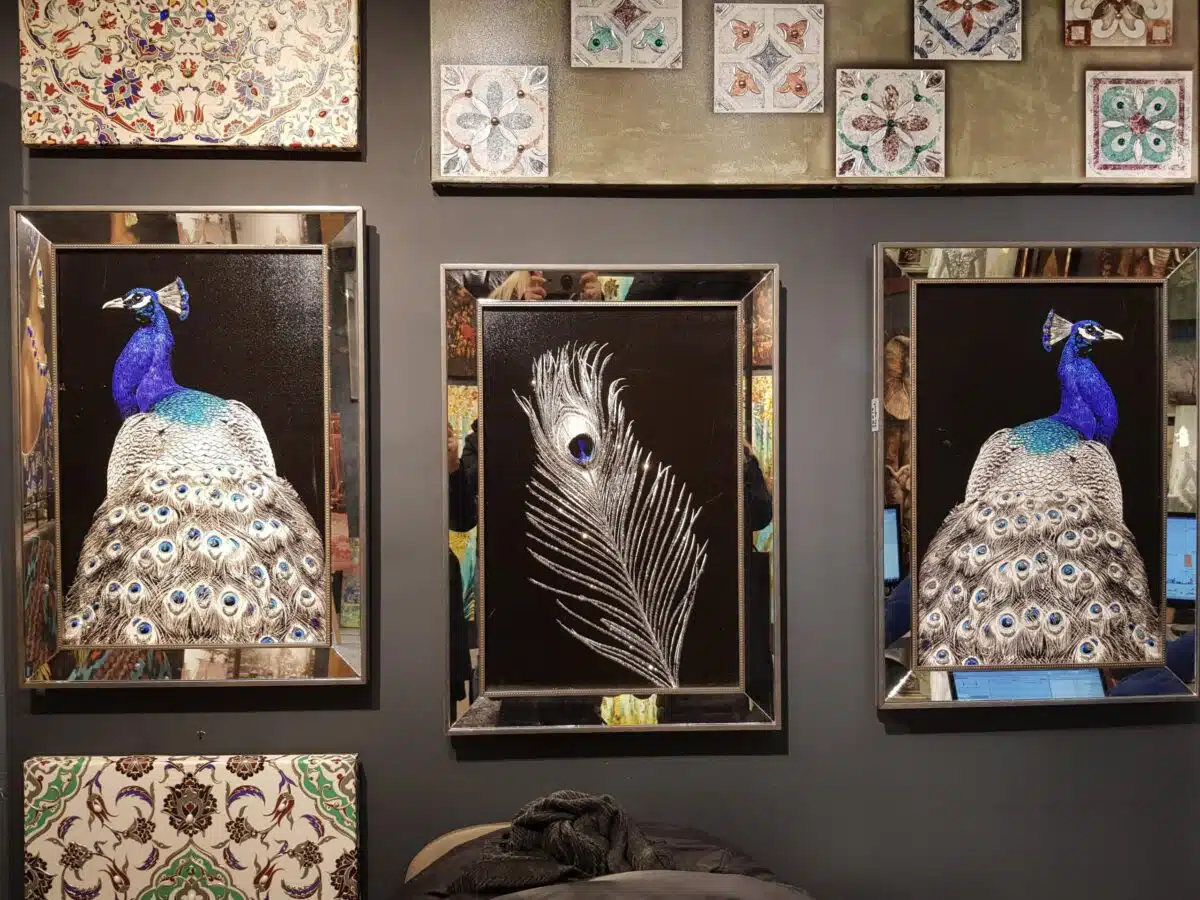 50X70CM Aynalı 3′ lü Tavus Kuşu Kanvas Tablosu Lüks Sim Boyalı Dekoratif