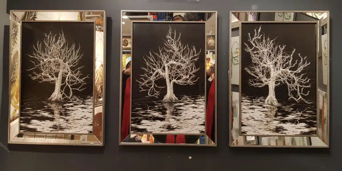 50X70CM Aynalı 3′ lü Ağaçlar Kanvas Tablosu Lüks Sim Boyalı Dekoratif