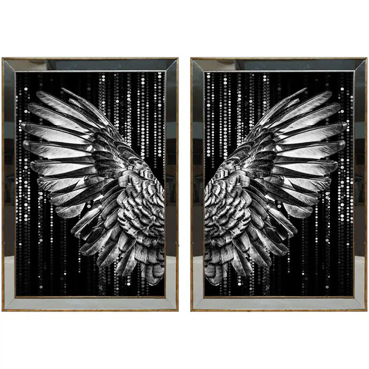 50X70CM Aynalı 2′ li Gümüş Melek Kanatları Kanvas Tablosu Lüks Sim Boyalı Dekoratif