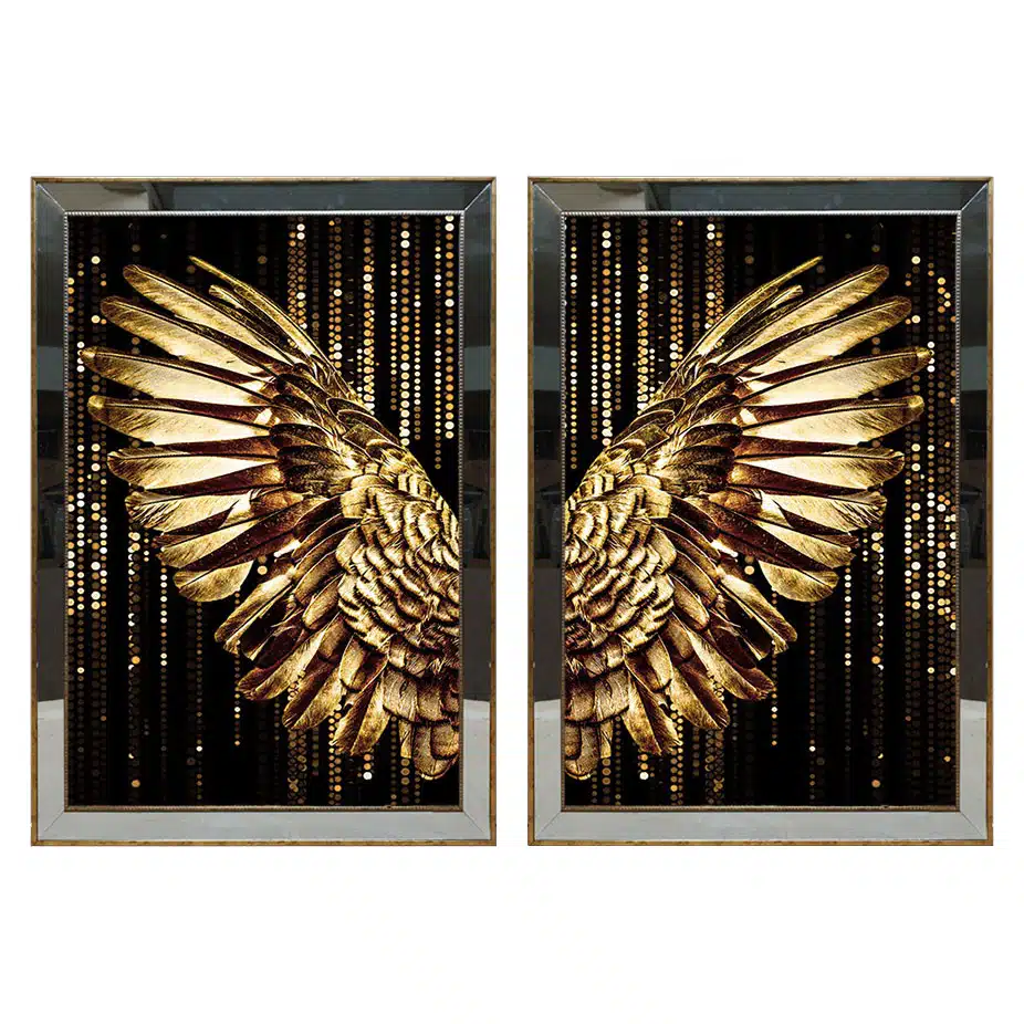 50X70CM Aynalı 2′ li Altın Melek Kanatları Kanvas Tablosu Lüks Sim Boyalı Dekoratif